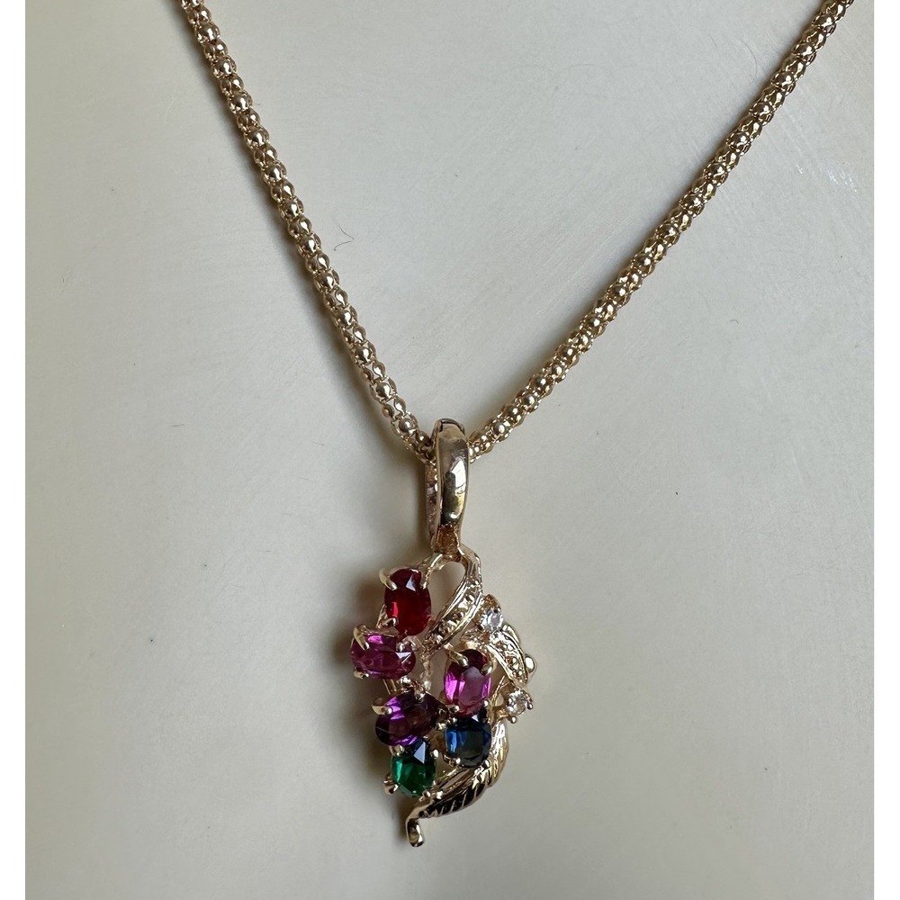 VTG Roman Leaf Marquis Pendant BJ Necklace 24 Inch Multicolor Crystal‎ Gems Gold